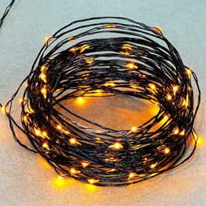 Halloween Yellow Starry Lights ,33ft 100 LED Waterproof Silver Wire String Orange Light with USB and 8 Modes Remote Control Time for Halloween Christmas Decor