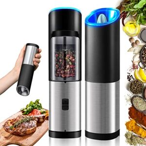Rocyis Electric Salt and Pepper Grinder-Gravity Automatic Spice Mill Set-Battery Powered w/ LED Light, Adjustable Coarseness, One Hand Operated Smart Kitchen Gadgets, Stainless Steel, 2 Pack