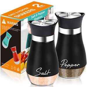 Salt and Pepper Shakers Set,4 oz Glass Bottom Salt Pepper Shaker with Stainless Steel Lid for Kitchen Cooking Table, RV, Camp,BBQ Refillable Design (Black)