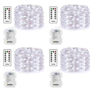 4 Pack Fairy Lights Fairy String Lights Battery Operated Waterproof 8 Modes Remote Control 50 Led String Lights 16.4ft Silver Wire Firefly Lights for Bedroom Wedding Festival Decor (Cool White)