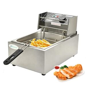 Small Deep Fryer with 1Tank Countertop Fryers Stainless Steel French Fries Electric Deep Fryers 8 Liter, 1800 Watt Commercial for Turkey French Fries Home Kitchen Restaurant Sliver
