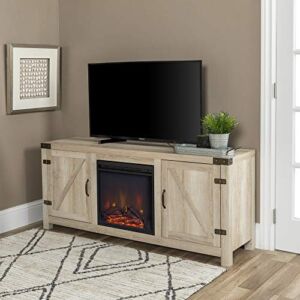 Walker Edison Georgetown Modern Farmhouse Double Barn Door Fireplace TV Stand for TVs up to 65 Inches, 58 Inch, White Oak