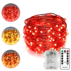 ErChen Dual-Color Battery Operated Led String Lights, 33 FT 100 LEDs Color Changing Silvery Copper Wire Dimmable Fairy Lights with Remote Timer for Indoor Outdoor Christmas (Warm White, Red)