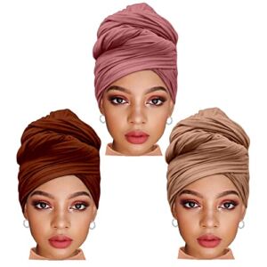 ZRQ 3 Pieces Stretch Turban Knit Headwraps African Women’s Hijab Muslim Soft Breathable Hair Scarf Tie Apply for Locs Braid Headband Fashion Women Hijab (Camel,Dark Pink,Coffee)