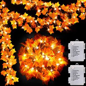 2Pack [8 Lighting Modes & Timer] Fall Decor Maple Leaf Garland with Lights 80LED Battery Operated Waterproof, Fall Decorations for Home Outdoor Indoor Thanksgiving Decor Halloween Friendsgiving Autumn