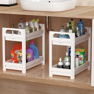 2 Pack Under Sink Organizer, SOYO 2-Tier Bathroom Cabinet Under Shelf Storage Standing Rack Organization, Kitchen Collection Baskets with Handle Hooks for Office Laundry Spice Countertop, White