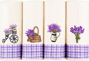 Lavien Home, Dish Towels for Kitchen Lavender Embroidery Super Absorbent and Soft Turkish Cotton Waffle Weave (Set of 4), Boho Farmhouse Decor with Plaid 16 x 23 inches