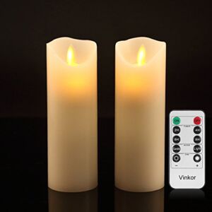 Vinkor Flameless Candles Battery Operated Candles Real Wax Pillar LED Candles with 10-Key Remote and Cycling 24 Hours Timer (Ivory Set of 2)