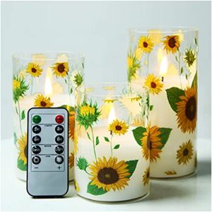 Eywamage Glass Flameless Candles with Remote, Sunflower Flickering Realistic Battery Candles Black Wick, Farmhouse Christmas Decorative Candles D 3″ H 4″ 5″ 6″