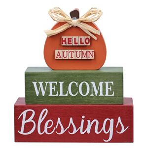 DECSPAS Thanksgiving Decorations, Large Size 3-layered Wooden Pumpkin Sign Block Set with Blessings Element Fall Decorations for Home, Fall Thanksgiving Decor For Living Room, Fireplace, Dining Table
