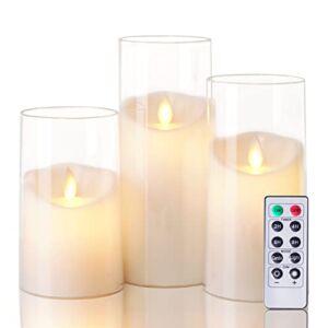 5plots 3”x 5”6”7” Pure White Flameless Flickering Candles, Unbreakable Glass Battery Operated LED Pillar Radiance Candles with Remote Control and Timer, Set of 3