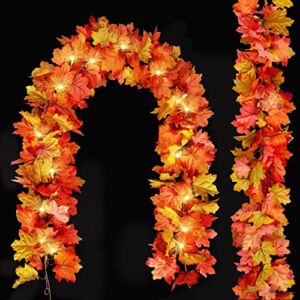 2Pack Fall Garland Fall Decorations for Home, Fall Leaves Garland & 9.8Ft 30LED String Lights, Autumn Artificial Vine Thanksgiving Maple Leaf Garland Decor for Fireplace Outdoor Indoor Halloween Party