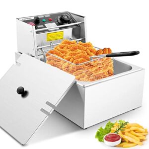 DREAMVAN Deep Fryer with Basket, 1500W 6.34QT Stainless Steel Electric Countertop Oil Fryer with Temperature Limiter for Frying Chicken, Shrimp, French Fries, Restaurant or Home Use (Silver)