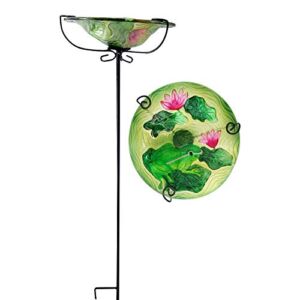Comfy Hour Spring is Here Collection 28″ Frog Lotus Glass Top Birdbath Birdfeeder Metal Art Garden Stake