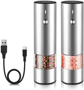 Electric Salt and Pepper Grinder Set – USB Rechargeable – No Battery Needed Modern Style – Automatic Black Peppercorn & Sea Salt Spice Mill Set with Adjustable Coarseness & LED Light Refillable