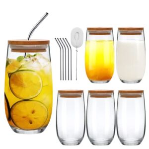 Highball Glasses Set of 6,Encheng Drinking Glass Beverage Cups,16 0Z Tall Water Glass Tumblers with Straws and Bamboo Lids,Clear Glass Cups for Kitchen,Party,Cocktail,Juice,Soda,Beer,Whiskey