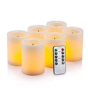 Flameless Flickering LED Candles 3″ X 4″ with 10-Key Remote Control Timer Classic Pillar Optical Fiber Wick Real Wax Battery Operated Candles, Ivory Color, Set of 6
