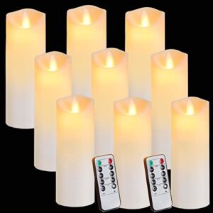 Flickering Flameless Candles with Remote,Moving Flame,Battery Operated Candles LED Candles thin Pillar Candles Decorative Realistic Exquisite Frosted Plastic Candles,with 10-Key Timer Remote ,set of 9