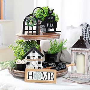 7 Pcs Tiered Tray Decoration Buffalo Plaid Rustic Farmhouse Tray Signs Double Printed Wooden Shelf Signs Sweet Home Block Signs Black and White Plaid Ornaments for Kitchen Living Room Table Decor