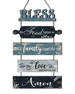 Buecasa Bless the Food Before Us Farmhouse Kitchen Wall Decor – Dining Room Decorations Collage Art in Teal Blue Color Wooden Rustic 5pcs Roped Sign 13×24 Inches Vertical, grey
