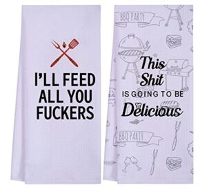 LXOMILL Funny Kitchen Towels for Men, Women, BBQ Grilling Cooking Dish Towels, Funny Birthday Gifts for Husband, Dad, Boyfriend, Friend, Hilarious Gag Gift for Chefs