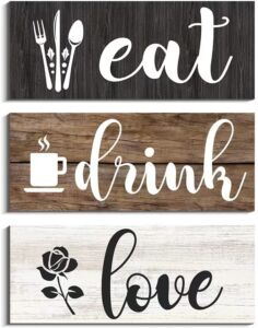 COLOR VALLEY ART Eat Kitchen Wall Decor, 3 Pcs Eat Drink Love Wood Sign Plaque, Farmhouse Wooden Hanging Wall Decoration for Kitchen Dining Room Bar Cafe (4 x 10 inch, Multi)