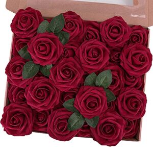 MACTING Artificial Rose Flowers, 30pcs Real Touch Fake Flowers Foam Roses for Wedding Party Bouquets Baby Shower Home Decoration (Dark Red)