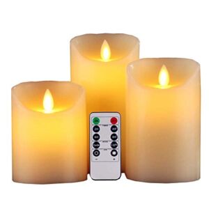 HEIOKEY® Electronic LED Candle Set of 3 (4″ 5″ 6″) Real Wax Moving Wickess LED Flameless Candles Pillar Lights Battery Operated with Timer and Remote Control for Gifts and Decoration(Ivory White)