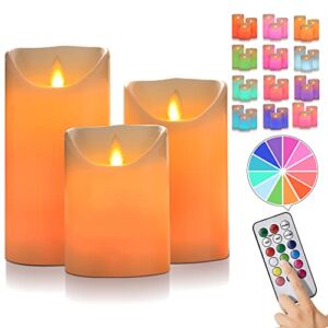 Luzzup Multicolor Flameless Candles, Battery Operated Candles, LED Candles with Remote Control&Timer of Wax Material Pack of 3 in Height 4”5”6”