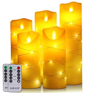 DANIP flameless Candle, with Embedded String Lights, 5-Piece LED Candles, with 10-Key Remote Control, 24-Hour Timer Function, Dancing Flame, Real Wax, Battery-Powered. (Ivory White)