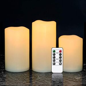 GenSwin Outdoor Ivory LED Rainproof Waterproof Flameless Battery LED Pillar Candles with Remote and Timer, Warm Light Plastic Candles, Won’t Melt, Weather Resistant Design 3” x 4”5”6”