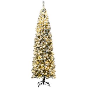 Goplus 7.5FT Artificial Snow Flocked Christmas Tree, Pre-Lit Hinged Pencil Tree with 350 LED Lights and Metal Stand, Slim Xmas Tree for Holiday Decor