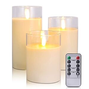 MYCHUJIAN Led Flameless Candles,Battery Operated Real Pillar Wax Glass Candle with 10-Key Remote and Cycling 24 Hours Timer (H 4″ 5″ 6″x D 3″) Set of 3 Ivory (Glass Ivory)