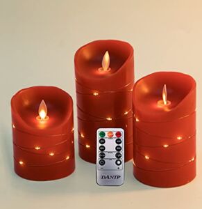 Red LED flameless Candle with Embedded Starlight String, 3 LED Candles, 10-Key Remote Control, 24-Hour Timer Function, Dancing Flame, Real Wax, Battery Powered. (Red ）