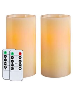 Homemory 7″x3″ Flameless Candles Battery Operated , Amber Yellow Light，Realistic Wax LED Pillar Candles with 2 Remote Controls & Cycling 24-Hour Timer, Long Battery Life, Set of 2, Ivory, Indoor Only