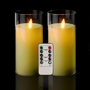 6″x 3″ White Glass Flameless Candles with Remote Control and Timer,Battery Operated Pillar Candles with Moving Wick,Dancing Flame Led Flickering Candles，Realistic Moving Flame Fake Candles (2 Pcs)