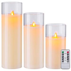 Aku Tonpa 8″ 10″ 12″ Pack of 3 Flameless Candles Battery Operated Real Wax Glass Flickering LED Candle Sets with Remote Control Cycling 24 Hours Timer