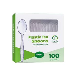 [100 Pack] Heavyweight Disposable Clear Plastic Tea Spoons – Engraved Design