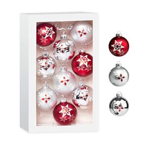 Costyleen Christmas Decoration Colorful Glass Balls Ornaments Set Festival Home Party Decors Xmas Tree Hanging Pendant Snowflake Leaf Patterns 9pc Red Silver 2.7in