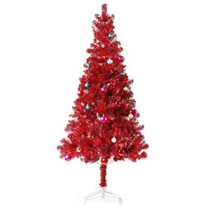 Wellwood 6 ft Tinsel Christmas Tree with 24ct Assorted Ornament Set, Metal Stand, Easy Assembly – Red