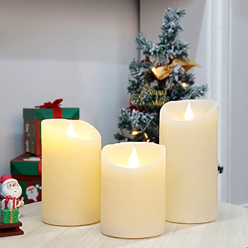 JHY DESIGN Set of 3 Real Wax Flameless Candles 3D Effect LED Candles Flickering Battery Candles with 8-Key Remote Control Timer for Home Wedding Party Kitchen(Pivoted Flame-Shaped Tip) | The Storepaperoomates Retail Market - Fast Affordable Shopping