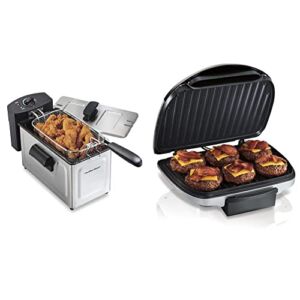 Hamilton Beach 35032 Professional Grade Electric Deep Fryer, 1500 Watts, 3 Ltrs New for 2021, Stainless Steel & Electric Indoor Grill, 6-Serving, Nonstick Easy Clean Plates, Silver (25371)