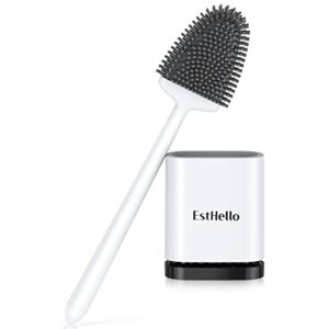 ESTHELLO Toilet Brush and Holder, Silicone Toilet Bowl Cleaner Brush Set for Bathroom Deep Cleaning, Compact Flexible Toilet Cleaner Brush with Ventilated Drying Holder, Wall Mounted/Floor Standing