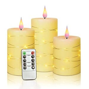 Set of 3 Flickering Flameless Candles with Embedded String Light, Battery Operated Pillar Real Wax 3D Teardrop-Shaped Wick LED Candle Sets with Remote Control Timer