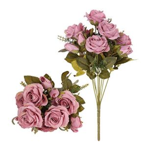 Tifuly 2 Pack Artificial Silk Rose Flowers Bouquets,Faux Roses Bouquet Fake Flowers with 9 Branch 12 Heads Arrangement for Wedding Party Home Office Restaurant Decoration(Purple Pink)