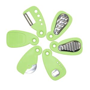 Kitchen Gadgets Set 6 Pieces, Space Saving Cooking Tools, Cheese/Chocolate Grater, Potato Grater, Fruit/Vegetable Peeler, Garlic/Ginger Grinder, Bottle Opener, Pizza Cutter
