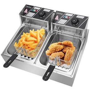 Electric Deep Fryer with 2 Basket, Stainless Steel Double Cylinder Deep Fryer 5000W 110V 12.7QT/12L Commercial Home Deep Fryer Machine with Lid Cover for French Fries, Onion Rings, Fried Chicken (Double Burner)