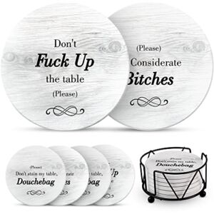 Funny Coasters for Drinks with Holder – Absorbent Drink Coasters Set 6 Pcs – 3 Sayings – Housewarming Gift for Friends – Men, Women Birthday – Cool Home Decor – Living Room, Kitchen, Bar Decorations