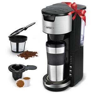 2 In 1 Single Serve Coffee Maker For Single Cup Pods & Ground Coffee, One Cup Coffee Maker with 30 Oz Detachable Reservoir, 3 levels Adjustable Drip Tray Suitable for 7″ Travel Tumbler
