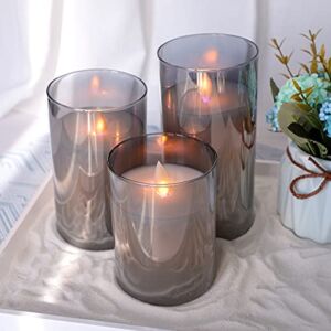 CRYSTAL CLUB Flickering Flameless Candles with Moving Wick, Set of 3 Real Wax & Glass Effect LED Pillar Candles with Remote, Battery Operated Candle for Christmas Festival, Home Decor